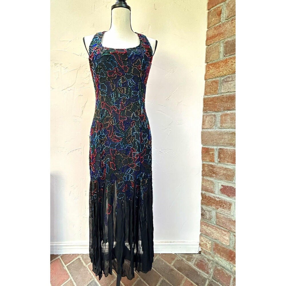 VTG Niteline Della Roufogali Silk Chiffon Beaded Square Neck Open Back Maxi 10